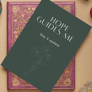 Könnte beinhalten: Ein dekoratives Notizbuch mit dunkelgrünem Einband mit dem Text "HOPE GUIDES ME" und "Day 3 update". Das Notizbuch hat eine Blumenillustration und liegt auf einem lila-goldenen, gemusterten Einband mit grünen Edelsteinakzenten.