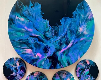 Handmade Acrylic Pour Lazy Susan and Coaster Set | Purple Teal Galaxy Art