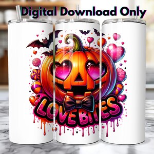 Halloween Tumbler Wrap Designs – Seamless Love Bites PNG – 20oz Skinny Sublimation – Cute Jack-o’-Lantern Hearts & Bats – Digital Download