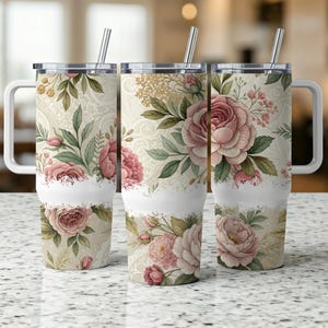 Floral Tumbler Wrap, 40oz Tumbler, Pink Roses, Botanical Design, Flower Tumbler, Elegant Tumbler Design, Vintage Inspired, Gift for Her