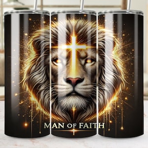 Lion Man of Faith Tumbler Wrap PNG | Christian 20oz Sublimation Design | Lion of Judah Cross Cup | Religious Gift for Him | Digital Download