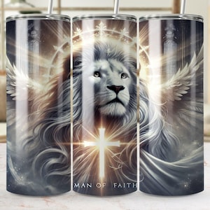 Mann des Glaubens Lion Tumbler Wrap PNG 20 Unzen Christian Sublimation Design, christlich treue PNG Designs spirituelles Geschenk für ihn Digitaler Download