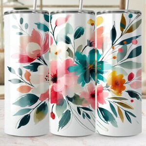Watercolor Floral Tumbler Wrap PNG, 20oz Skinny Tumbler Sublimation Design, Colorful Flower Wrap, Spring Summer Floral Digital Download