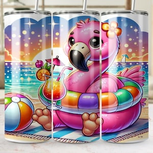 Pink Flamingo Tumbler Wrap, Cute Beach Design, Summer Vibes, Tropical Drink, Cartoon Animal, 20oz Skinny Tumbler, Sublimation Design
