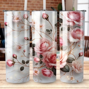 3D Pink Roses Floral Tumbler Wrap , 20 oz Skinny Tumbler Sublimation Design, Seamless Flowers Tumbler Wrap, Instant Digital Download PNG