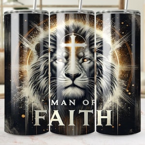 Man of Faith Lion 20oz Tumbler Wrap PNG – Skinny Straight & Tapered Sublimation Design, Christian Man Tumbler Wrap Instant Download