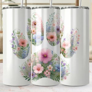 Floral Dog Paw Print Tumbler Wrap – 20oz Skinny Sublimation PNG – Watercolor Paw Print Wrap – Pet Lover Gift – Digital Download for Cricut