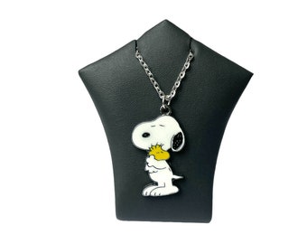 Cartoon Snoopy & Tiny Woodstock Necklace Enamel Pendant Charm Silver Plated Chain