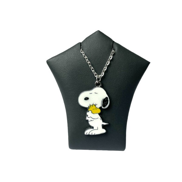 Cartoon Snoopy & Tiny Woodstock Necklace - Enamel Pendant Charm On A Silver Plated Chain