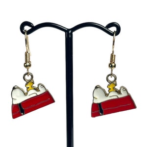 Cartoon Dog Snoopy Lying on his Kennel with Woodstock Light Gold Plated Hypoallergenic Dangle Drop Enamel Earrings
