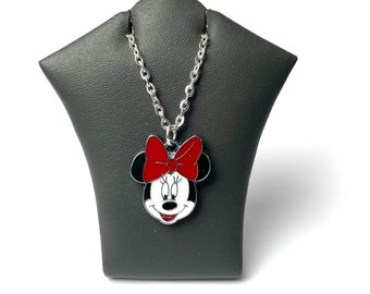 Minnie, Mickey Mouse's Girlfriend Necklace Enamel Pendant Charm Silver Plated Chain