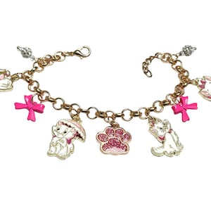 Aristocats Inspired Gold Plated Adjustable Kitten Marie Charm Bracelet In Organza Gift Bag