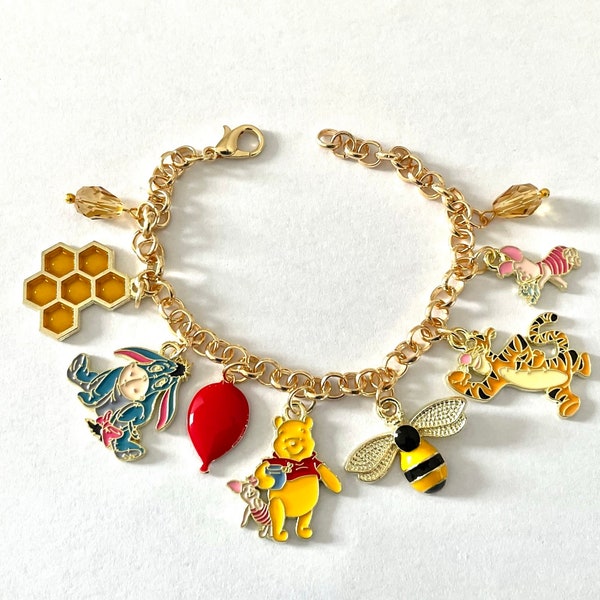 Winnie the Pooh Inspired Gold Plated Adjustable Charm Bracelet In Organza Gift Bag