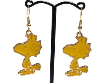 Cartoon Bird Woodstock Gold Plated Dangle Drop Enamel Earrings & Keyring