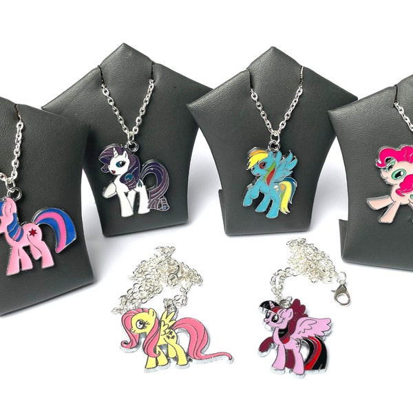 My Little Pony Necklace - Rainbow Dash, Pinkie Pie, Fluttershy, Rarity, Twinkleshine, Twilight Sparkle Enamel Pendant on Silver Plated Chain