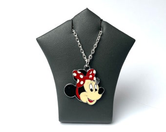 Minnie, Mickey Mouse's Girlfriend Necklace Enamel Pendant Charm Silver Plated Chain