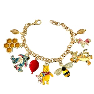 Winnie the Pooh Inspired Gold Plated Adjustable Charm Bracelet In Organza Gift Bag