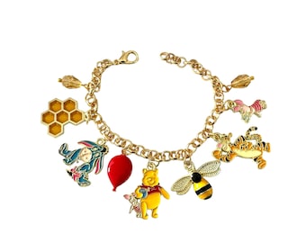 Winnie the Pooh Inspired Gold Plated Adjustable Charm Bracelet In Organza Gift Bag