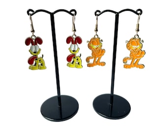 Cartoon Cat Garfield and Dog Odie Gold Plated Dangle Drop Enamel Earrings & Keyring