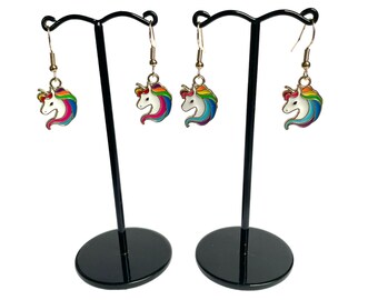 Śliczne tęczowe kolczyki z jednorożcem w kolorze złotym, hipoalergiczne, wiszące, emaliowane