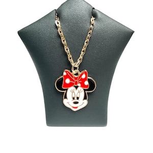 Minnie, Mickey Mouse&#39;s Girlfriend Necklace Enamel Pendant Charm Light Gold Plated Chain & Keyring