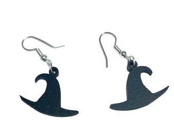 Śliczne laserowo cięte czarne kapelusze czarownic na Halloween, posrebrzane, hipoalergiczne kolczyki wiszące