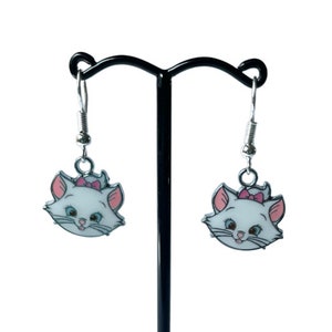 Aristocats Cute Cartoon Kitten Marie - Silver Plated Hypoallergenic Dangle Drop Enamel Earrings