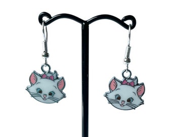 Aristocats Cute Cartoon Kitten Marie - Silver Plated Hypoallergenic Dangle Drop Enamel Earrings