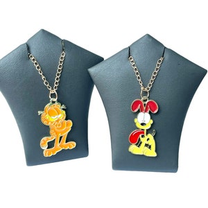 Cartoon Cat Garfield and Dog Odie Necklace - Enamel Pendant Charm Light Gold Plated Chain