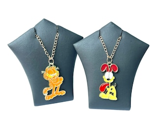 Cartoon Cat Garfield and Dog Odie Necklace - Enamel Pendant Charm Light Gold Plated Chain
