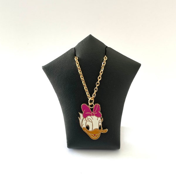 Cartoon Daisy, Donald Duck's Girlfriend Necklace - Enamel Pendant Charm Light Gold Plated Chain