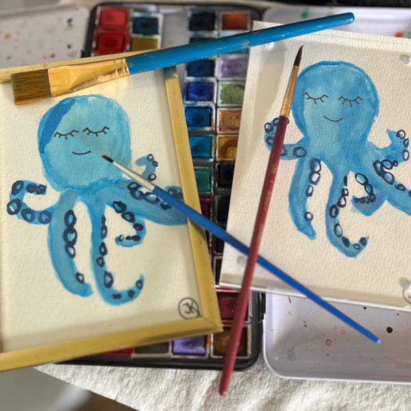 Hand drawn, watercolor, octopus paintings, and art