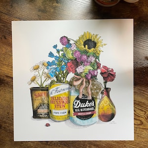 May include: A colorful illustration of a floral arrangement featuring a sunflower, daisies, and purple blooms. The flowers are displayed in vintage-style containers including a Sauer allspice tin, a Fearnow's Brunswick stew can, and a Duke's mayonnaise jar.