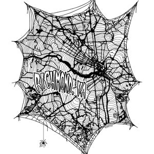 May include: Black and white illustration of a spider web with the text "RICHMOND, VA" in the center. A small spider hangs from a strand of the web.
