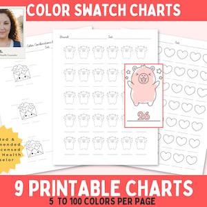 May include: Printable color swatch charts with various designs, including hearts, bears, and color combination templates. The charts are designed with spaces for color swatches and are recommended by a licensed mental health counselor. The image includes the text "9 Printable Charts".