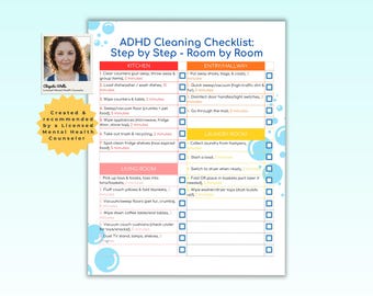 May include: An ADHD Cleaning Checklist: Step by Step - Room by Room document featuring sections for the kitchen, entry/hallway, laundry room, and living room with checkboxes. It includes a photo of Chiquila Wells and a badge stating Created & recommended by a Licensed Mental Health Counselor.