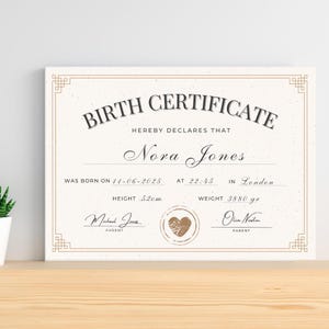 Certificado de nacimiento personalizado en aluminio cepillado | Regalo único para bebé | Tamaño A4 o A3