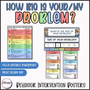 Puede incluir: Pósteres educativos titulados "¿Qué tan grande es tu/mi problema?" con texto y gráficos coloridos. Los pósteres categorizan los tamaños de los problemas de "Pequeño" a "Emergencia" con las estrategias correspondientes. Incluye opciones de "PowerPoint totalmente editable" y "PDF listo para imprimir".