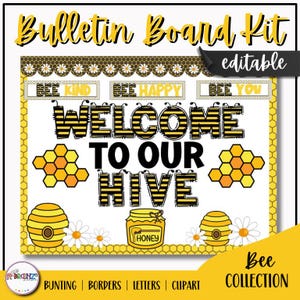 Zestaw dekoracji na tablicę ogłoszeń w klasie z motywem pszczół | Edytowalna tablica powitalna na drzwiach | Motyw pszczół do druku