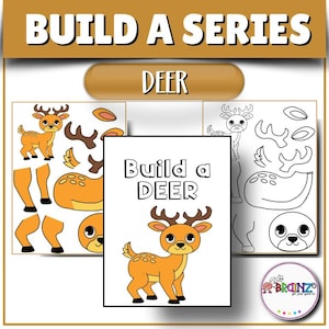 May include: An educational activity set with a deer theme, part of the "Build a Series". The set includes a cover with a cartoon deer, cut-out pieces, and a coloring page. The text "Build a DEER" is displayed on the cover.