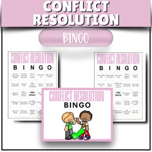 Könnte beinhalten: Rosa und weiße "Konfliktlösungs-Bingo"-Spielkarten. Die Karten enthalten Textaufforderungen für Konfliktlösungsstrategien. Eine kleinere Karte zeigt zwei Zeichentrickfiguren, die sich die Hände schütteln.
