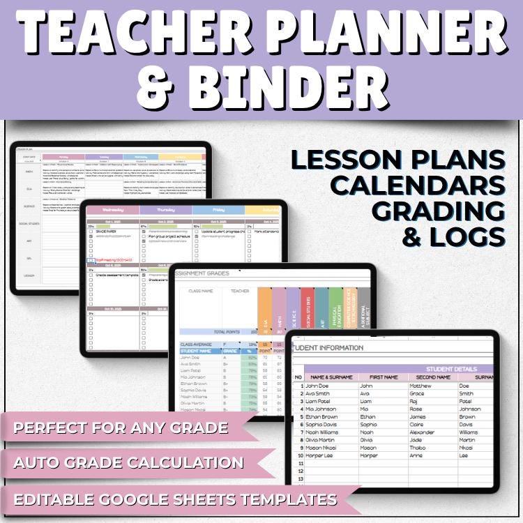 Digital Teacher Planner Editable Google Sheets Lesson Binder, Academic Planner, Auto-Calculating Gradebook, Attendance Tracker, Calendars