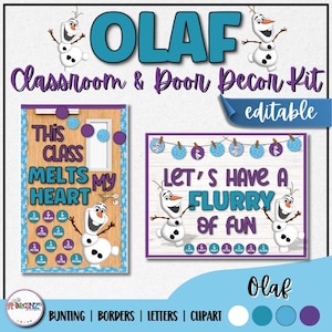 May include: A classroom and door decor kit featuring the character Olaf. The kit includes editable elements with the phrases "This Class Melts My Heart" and "Let's Have a Flurry of Fun." The design incorporates blue, purple, and white colours.