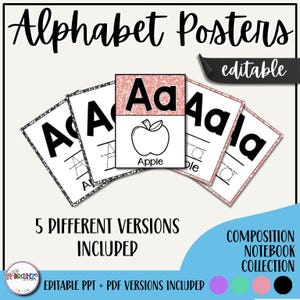 Komposition Notizbuch Alphabet Poster | Bearbeitbare Klassenzimmerdekoration Buchstaben A - Z Groß- und Kleinbuchstaben | 5 Einzigartige Designs | Farbe und B & W