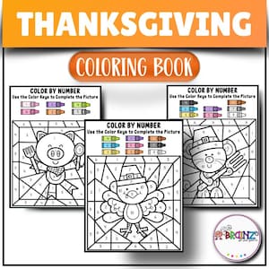 Könnte beinhalten: Ausmalbuch zum Thema Thanksgiving mit drei Ausmalbildern nach Zahlen. Jede Seite zeigt eine andere Thanksgiving-Figur: ein Schwein, einen Truthahn und eine Maus. Die Seiten enthalten Farbschlüssel. Für Kinder.