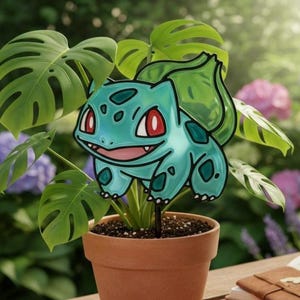 Puede incluir: Una estaca de planta Bulbasaur de color turquesa se coloca en una maceta de terracota con una planta de Monstera. El Bulbasaur tiene ojos rojos y una expresión sonriente. El fondo incluye otras plantas y flores.