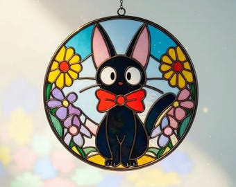 Lindo atrapasol de resina con forma de gato, decoración para ventana G.hi.bl.i, adorno para ventana inspirado en Ji.ji, corona floral, lindo regalo para amantes de las mascotas