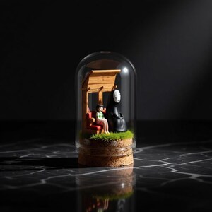 May include: A miniature diorama inside a glass dome featuring characters from a popular animated film. The scene includes a figure in a green shirt and another in a black robe, seated on a red bench under a wooden structure. The base is cork.
