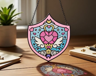 Magisches Mädchen Herz Schild Suncatcher Kunstharz Harz Fensterbehang Anime inspiriert Himmlische Wanddekoration Kawaii Geschenk für Sie