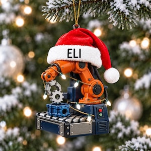 Personalized Robotic Arm Christmas Ornament, Tech Lover Gift, Engineer Decor, Custom Name Santa Hat, Unique Holiday Tree Decoration